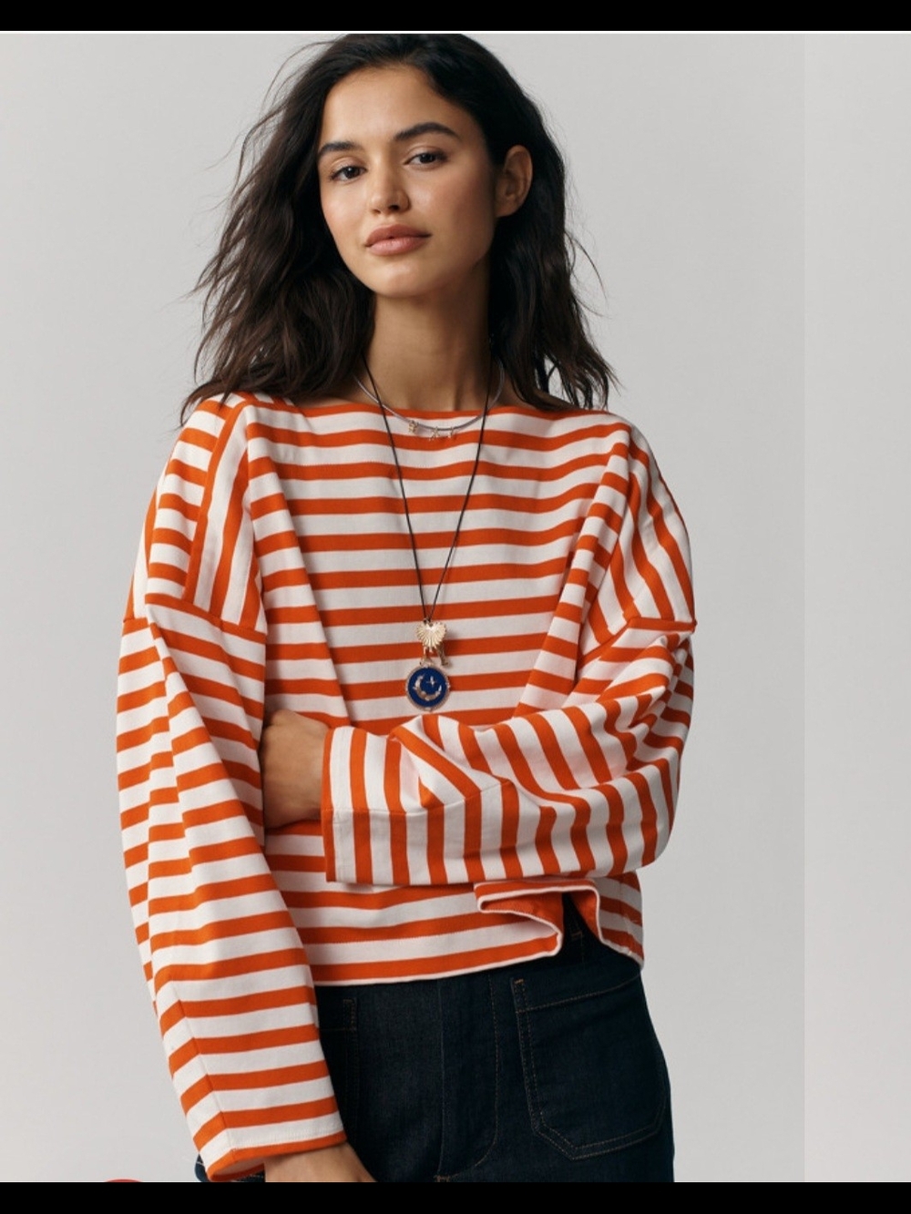 Striped Orange and White Maeve Drop-Sleeve Top